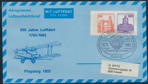 Bund Privatganzsache Flugpost 20 n. 120 Burgen SSST Iserlohn 200 Jahre Luftfahrt