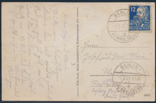 SBZ Ansichtskarte EF 216 Berlin Rummelsburg Waldweg am Stienitzsee 5.9.1949