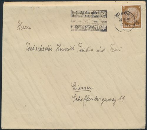 Deutsches Reich Brief 513 X Fahnenstempel Besucht die Universitätsstadt Gießen