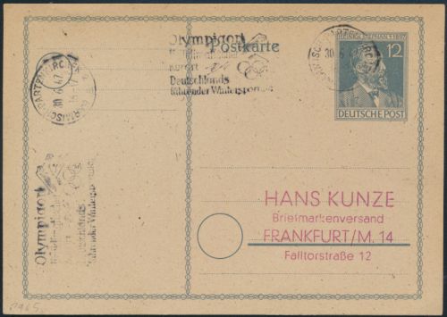 Alliierte Besetzung Ganzsache P 965 Garmisch-Partenkirchen Frankfurt Olympiaort