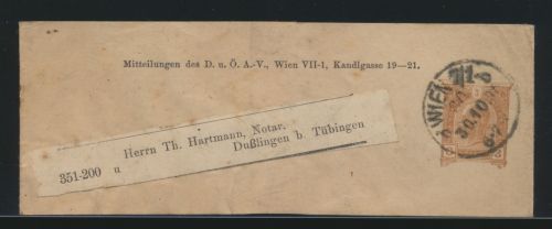 Österreich Privatganzsache Streifband Wien Dußingen Tübingen 3hFranz Joseph Wien
