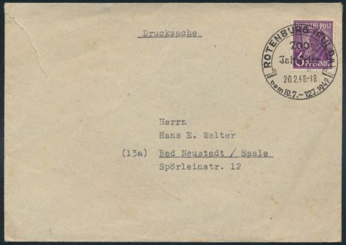Alliierte Besetzung Brief 944 b SST Rotenburg 200 Jahrfeier nach Bad Neustadt