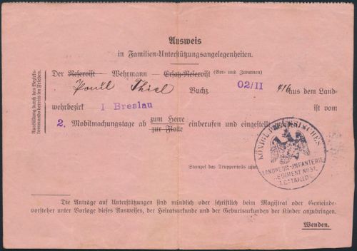Breslau Militaria Zeitdokument Ausweis Familien Unterstützung Preuß. Landwehramt