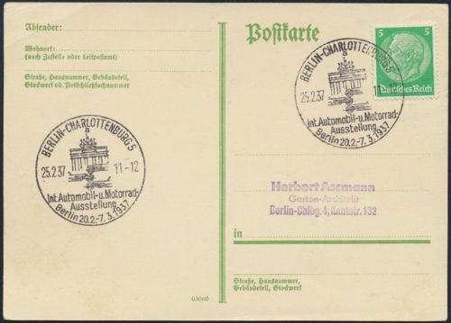 Deutsches Reich Postkarte 515 X guter SST Auto u. Motorrad Ausstellung Berlin