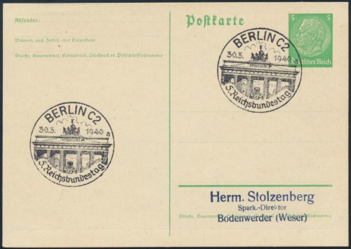 Deutsches Reich Ganzsache mit selt. SST Berlin 5. Reichsbundestag Brandenburger