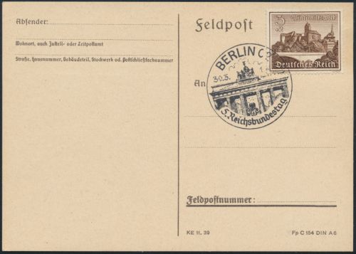 Deutsches Reich Postkarte 730 y selt. SST Berlin 5 Reichsbundestag Brandenburger