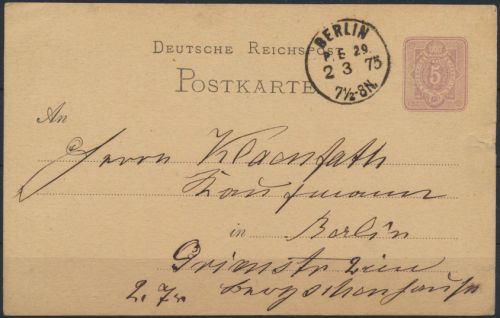 Deutsches Reich Ganzsache mit inter. K 1 Berlin P.E. 29 - ohne Schrägstrich im