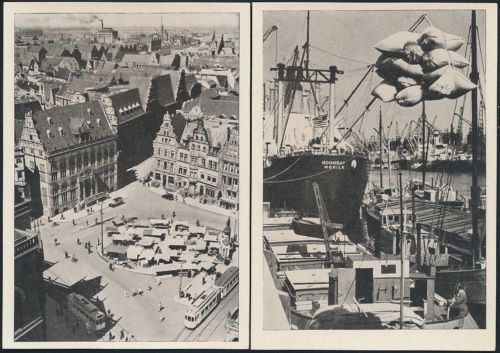 Ansichtskarte Bremen 2 verschiedene Überseehafen und Marktplatz mit Straßenbahn