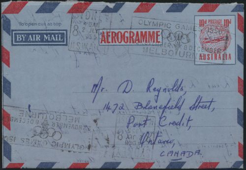 Australien Aerogramm Ganzsache SST Olympia Melbourne Sidney nach Ontario 1955