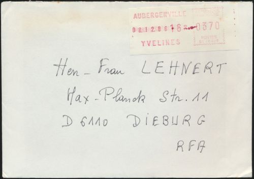 Frankreich Brief Absenderfreistempel Aubergenville Yvelines nach Dieburg