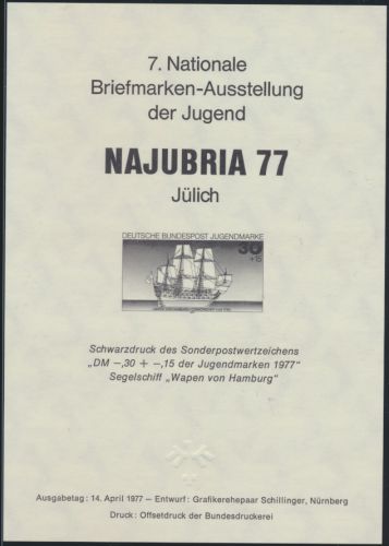 Bund Schwarzdruck 929 Segelschiff Wappen von Hamburg Najubria 77 Jülich Marine