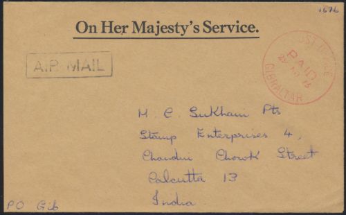 BRITISCHE MILITÄRPOST Gibraltar roter K1 POST OFFICE PAID Luftpost n. Kalkutta