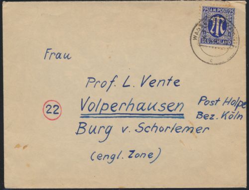 Brief Bizone EF 9 z Wasserburg nach Volpershausen 15.4.1946
