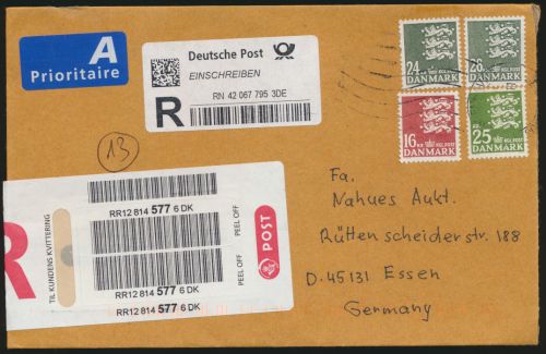 Brief Dänemark Einschreiben MIF 913+942+1491+1619 Kopenhagen nach Essen