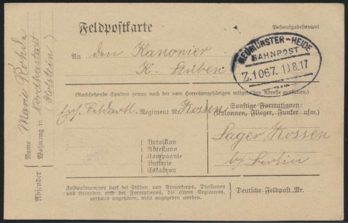 Bahnpost Vordruck Feldpostkarte Neumüneter Heide Zug 1067 19.8.1917 I. Weltkrieg