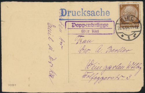 D. Reich Landpoststempel Poppenbrügge über Kiel nach Weingarten 29.3.1934 auf
