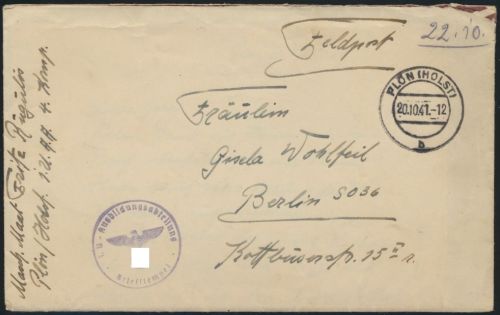 Reich Feldpost Plön n. Berlin vom Masch. Maat incl. zeitgenössischem Inhalt 1941
