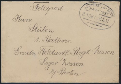 Reich Bahnpost per Feldpost Neumünster Heide Zug 1067 nach Lager Zossen Berlin
