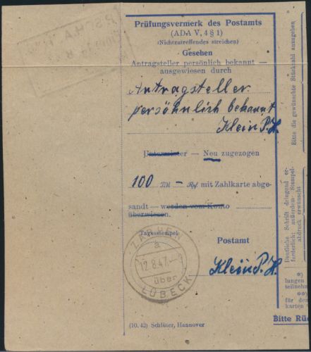 Besetzung Postsache PrüfungsvermerkPostscheckkonto Landpoststempel Zarpen Lübeck