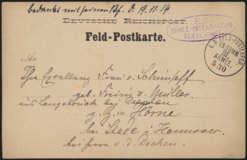 D. Reich Feldpost Bethemville viol Oval-Stempel S.B. Intendantur Hörne bei Stade