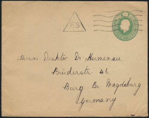 Großbritannien Privatganzsache 1/2c King Georg Zensur Stempel F.S n. Burg
