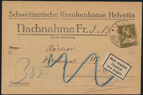 Postsache Schweiz Nachnahmekarte EF 139x Tell Zürich 1920 Zettel nicht eingelöst