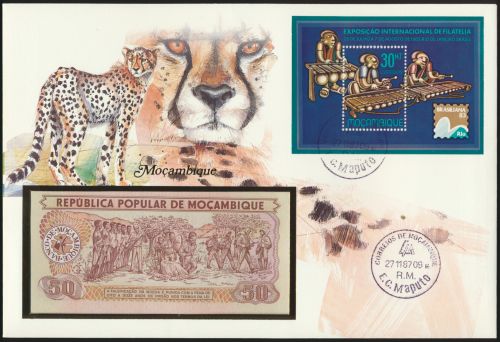 Geldschein Banknote Banknotenbrief Mosambik Mozambique Schein + Briefmarken
