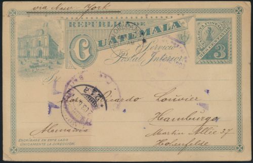 Guatemala Ganzsache 3c green Ansicht via New Orleans Hamburg postal stationery