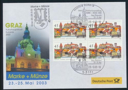 Motiv Philatelie Bund Brief Viererblock 2309 Kronach Graz Österreich
