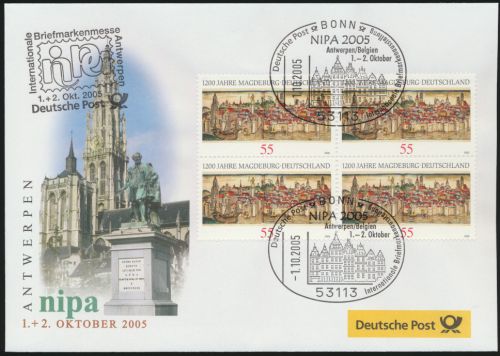 Motiv Philatelie Bund Brief Viererblock 2487 Magdeburg Ausstellung Belgien