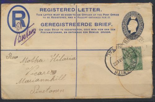 Südafrika Brief Ganzsache 3 b 5 1/2 d King Georg blau ZuF via Ladysmith Pinetown