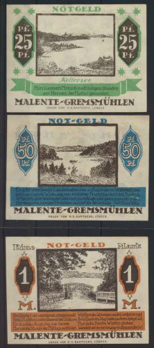 Geldscheine Banknoten Notgeld Malente 3 verschied. 25 Pfg.- 1 Mark Top-Erhaltung