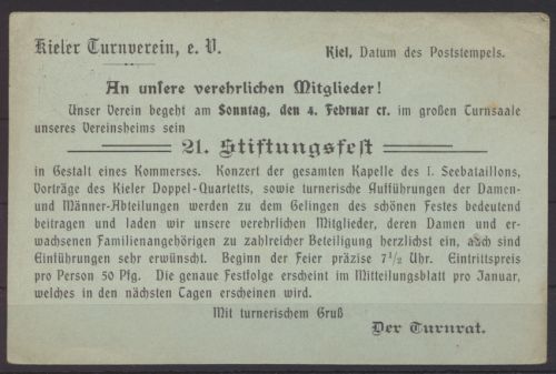 Deutsches Reich Ganzsache P 63 X Zudruck Kiel Turnverein Stiftungsfest 31.1.1906