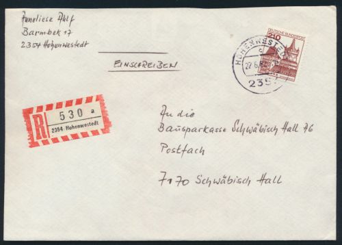 Bund R Brief EF 998 Burgen Schlösser Hohenwestedt nach Schwäbisch Hall