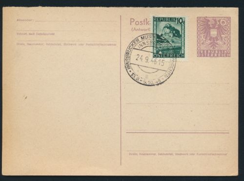 Österreich Ganzsache P 324 A mit SST Innsbruck Musik + Theaterwoche 1946
