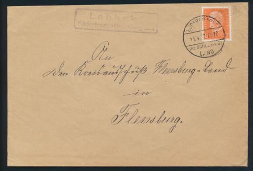 Deutsches Reich EF Hindenburg Landpoststempel Lehbek Süderbrarup n. Flensburg