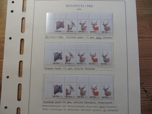 Südafrika 1124-8 Tiere Spezial Lot Versuchsdrucke mit Streifen in selt. Papieren