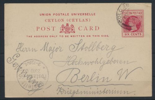 Ceylon Sri Lanka Ganzsache 39 a 6p Queen Victoria nach Berlin Kriegsministerium