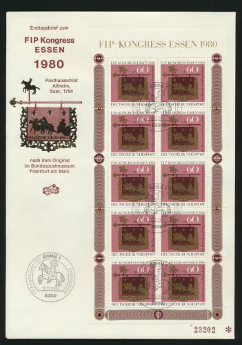 Bund 1065 Kleinbogen FIP Kongreß Philatelistenverb. Essen Posthausschild Altheim