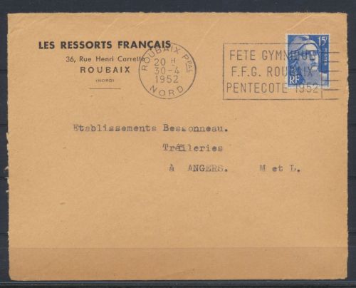 Sport Frankreich Brief SST Gymnastik Roubaix 1952 nach Trefileries