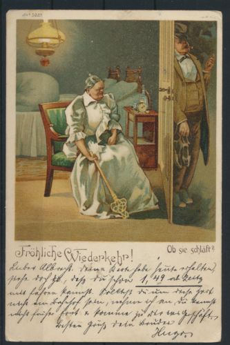 Ansichtskarte Litho Humor Fröhliche Wiederkehr Ob sie schläft Eisenberg n. Zeitz