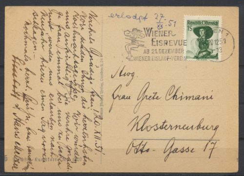 Österreich Postkarte EF Trachten + Werbestempel Wiener Eisrevue Eislaufverein
