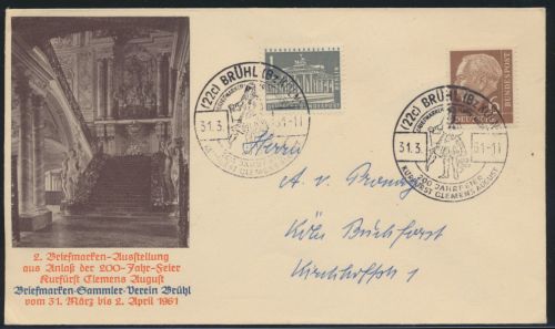 Bund Brief MIF Heuss + Brandenburger SST Brühl 200 Jahre Kurfürst+ Ausstellung