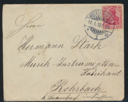 Dt. Reich Brief Kötzschenbroda an Stark Musikinstrumenten Fabrikant Rohrbach