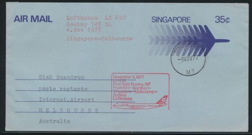 Singapore - Melbourne Flugpost Brief Lufthansa LH 692 mit attr. Abbildung