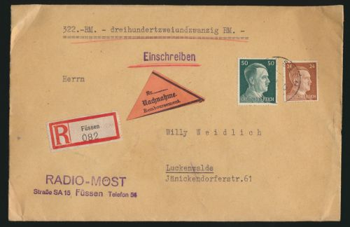 D. Reich Brief MIF per Einschreiben Nachnahme Füssen Radio Möst nach Luckenwalde
