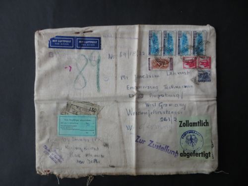 Bahnpost + Schiffspost Indien Warenbeutel + Zollzustellung New Delhi Augsburg