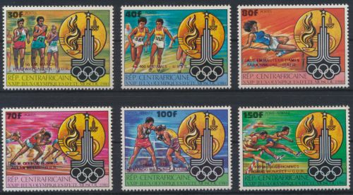 Zentralafrika 726-731 Ab Olympia Flugpost roter Aufdruck postfrisch Kat. 50,00