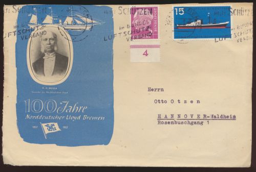 Bund Schiffspost Brief + Heuss 100 J. Norddeutscher Lloyd Bremen n. Hannover