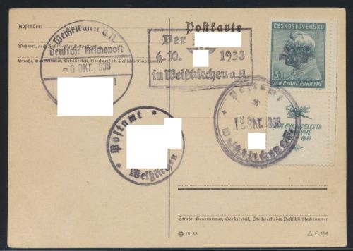 Weißkirchen Tschechien Böhmen Karte Bogenecke Zierfeld und 4 Propagandastempel
